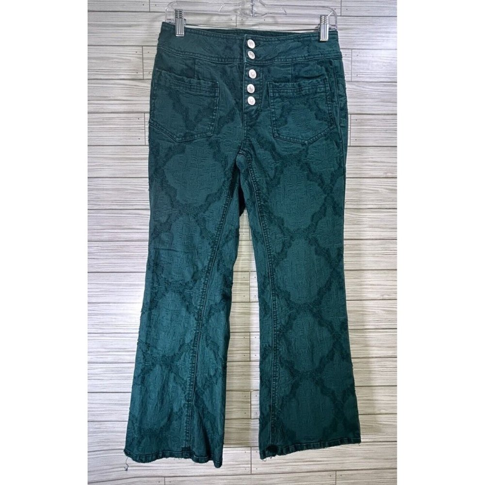 Free People Jeans Womens 26 Turquoise Green Liv Flare Leg Pattern‎ Cropped Pants